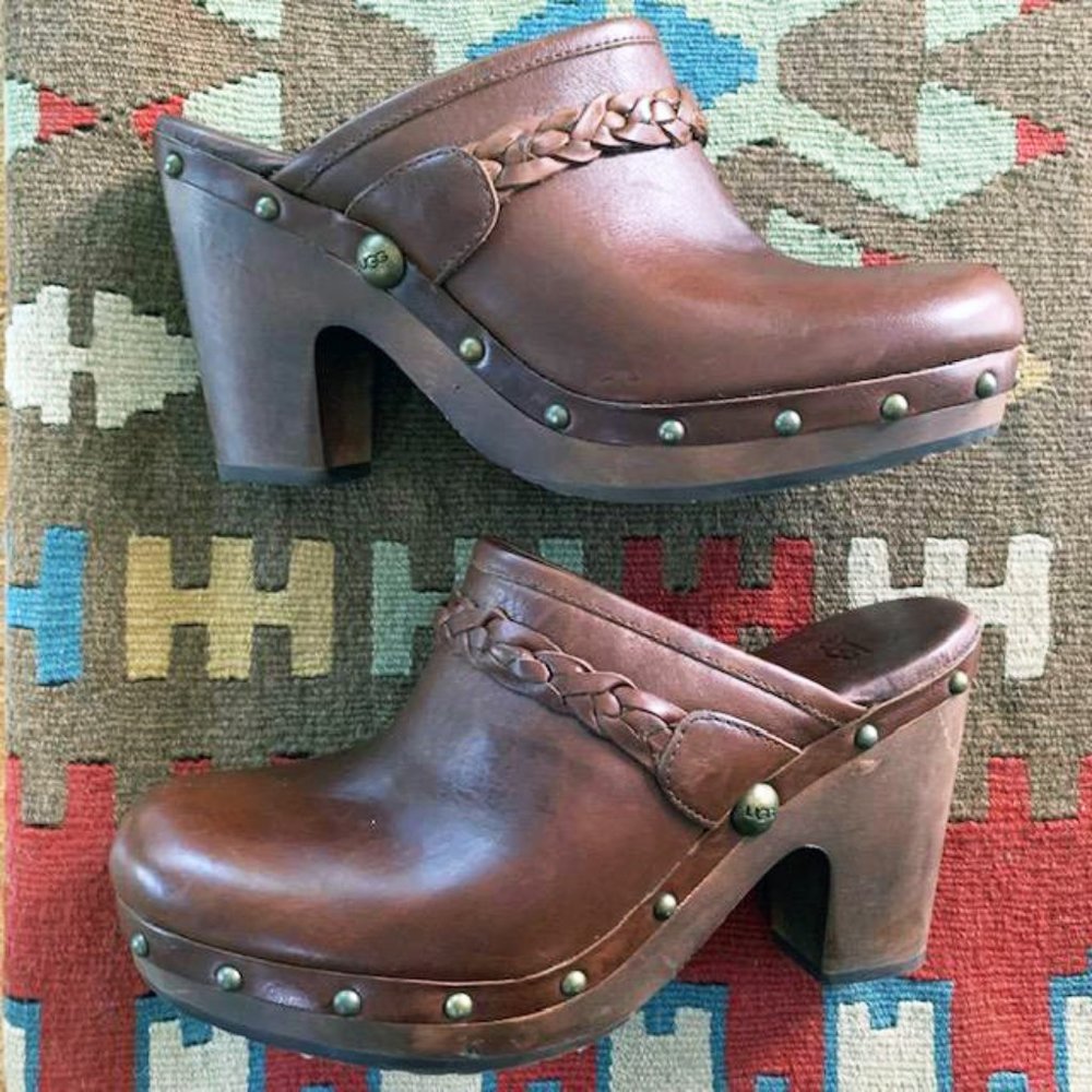 UGG Brown Leather Braided Clog Mules